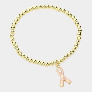 Gold Pink Ribbon Charm Stainless Steel Metal Ball Beaded Pendant Bracelet
